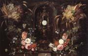 Jan Van Kessel Still life of various flowers and grapes encircling a reliqu ary containing the host,set within a stone niche Sweden oil painting reproduction